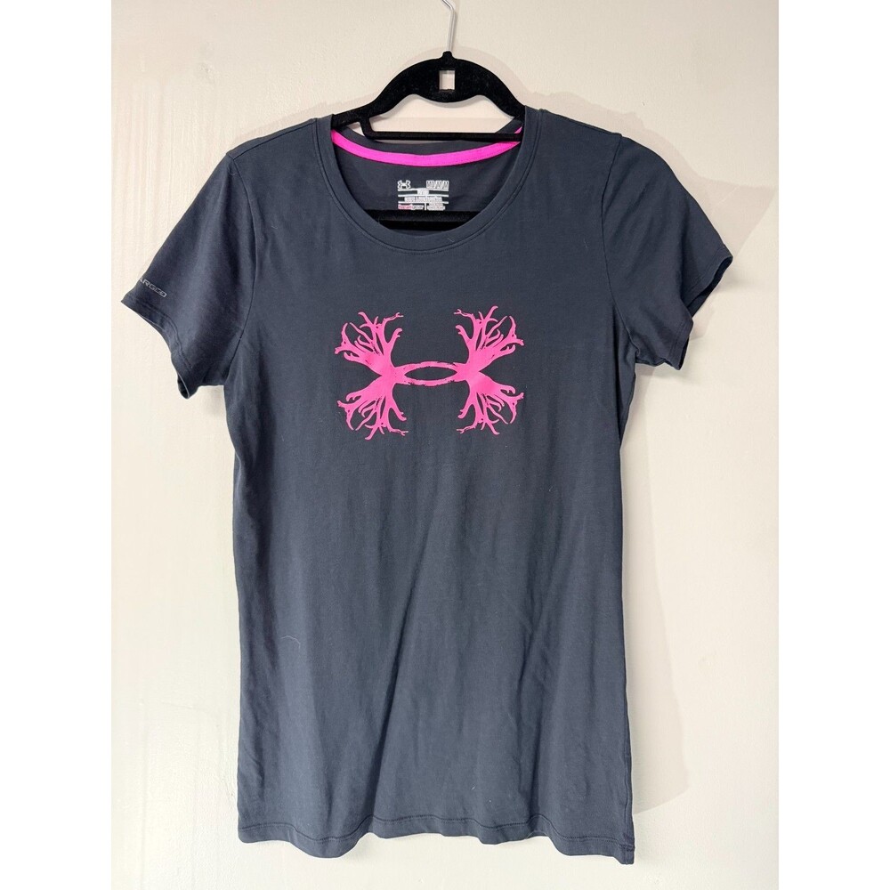 Under Armour HeatGear Womens Medium Gray Pink Logo Fitted Athletic T Shirt